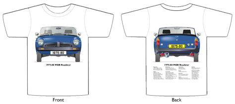 MGB Roadster (Rostyle wheels) 1975-80 T-shirt Front & Back
